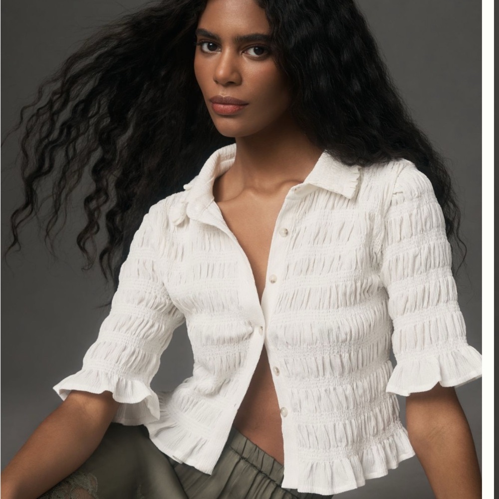 Maeve By Anthropologie Smocked Button Front Shirt sz XS Ivory